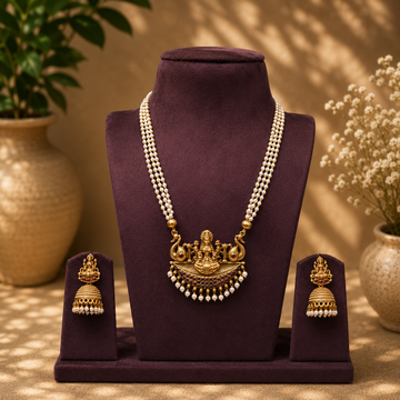 Premium pearl  with Lakshmi pendant mid-length mala- occasion wear