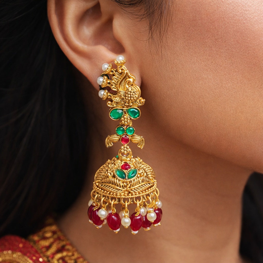 Premium chettinadu red and green kemp stone with pearl Jhumkas