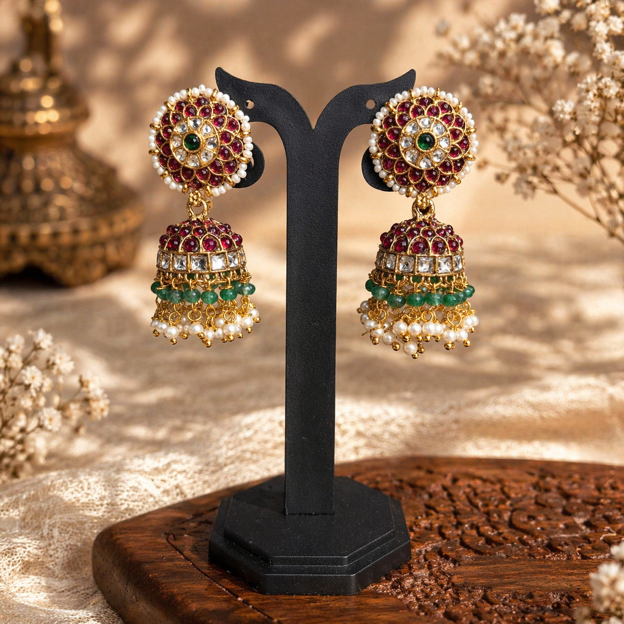 Premium Red Kemp stone with pearl Jhumkas - occasion wear