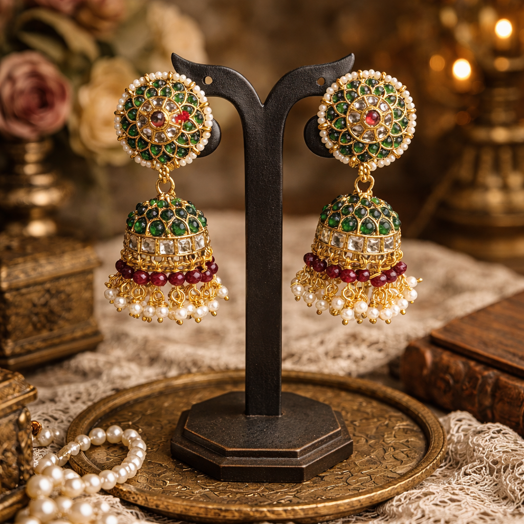 Premium Green kemp stone with pearl stone Jhumkas - occasion wear