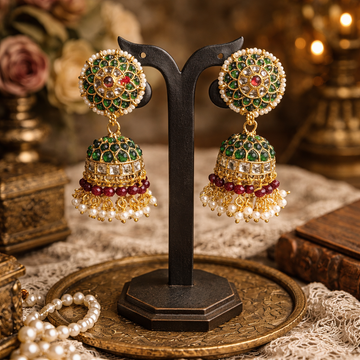 Premium Green kemp stone with pearl stone Jhumkas - occasion wear