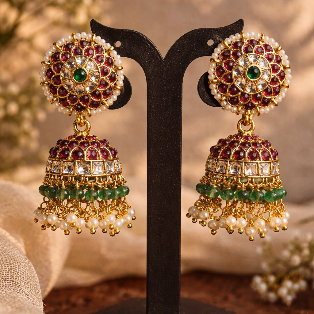 Premium Red Kemp stone with pearl Jhumkas - occasion wear