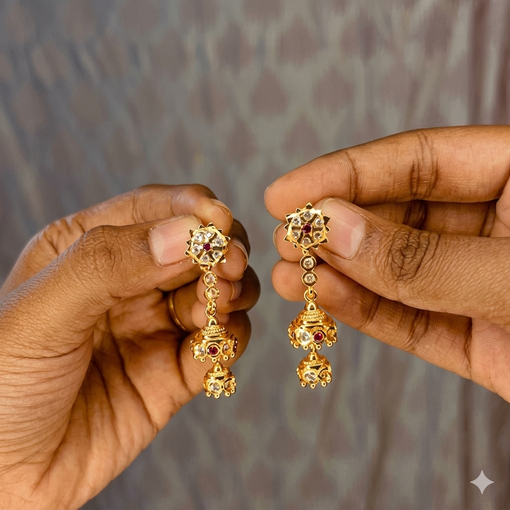 Premium impon double layer Cubic Zirconia  Red and white stone jhumkas - occasion wear