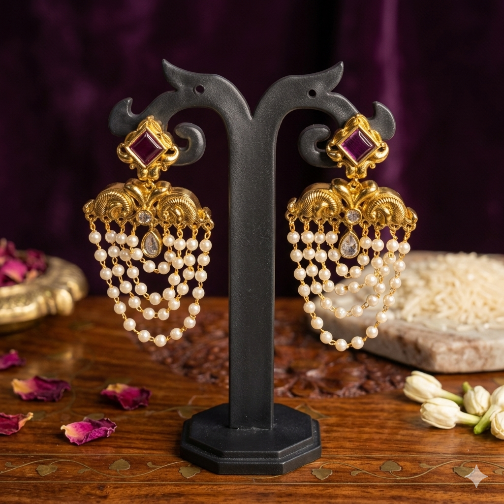 Premium pink ,Lavender,white kemp stone with pearl layering dangle earring - occasion wear