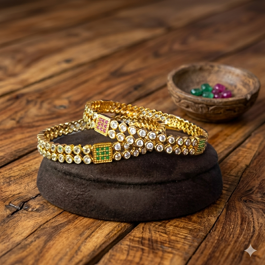 Premium Impon double layer white Cubic Zirconia stone bangles - occasion wear