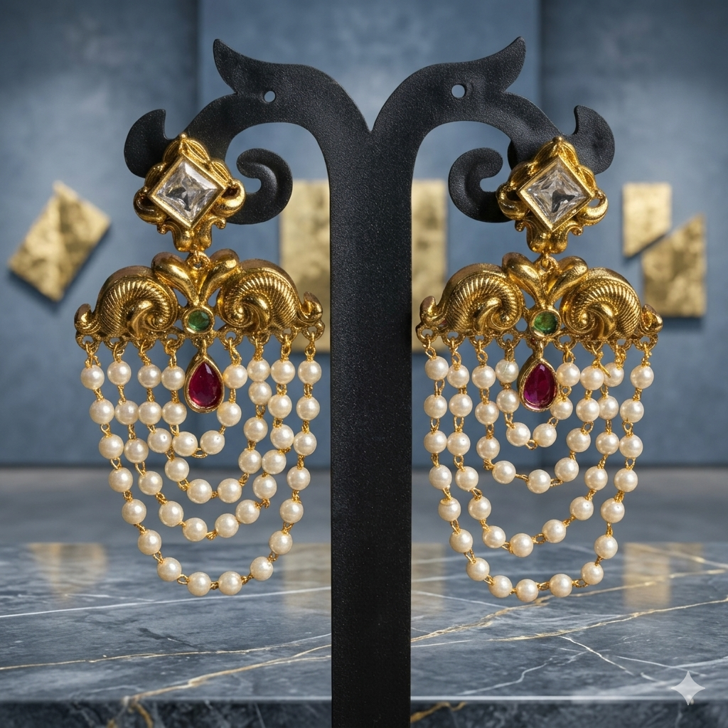 Premium pink ,Lavender,white kemp stone with pearl layering dangle earring - occasion wear