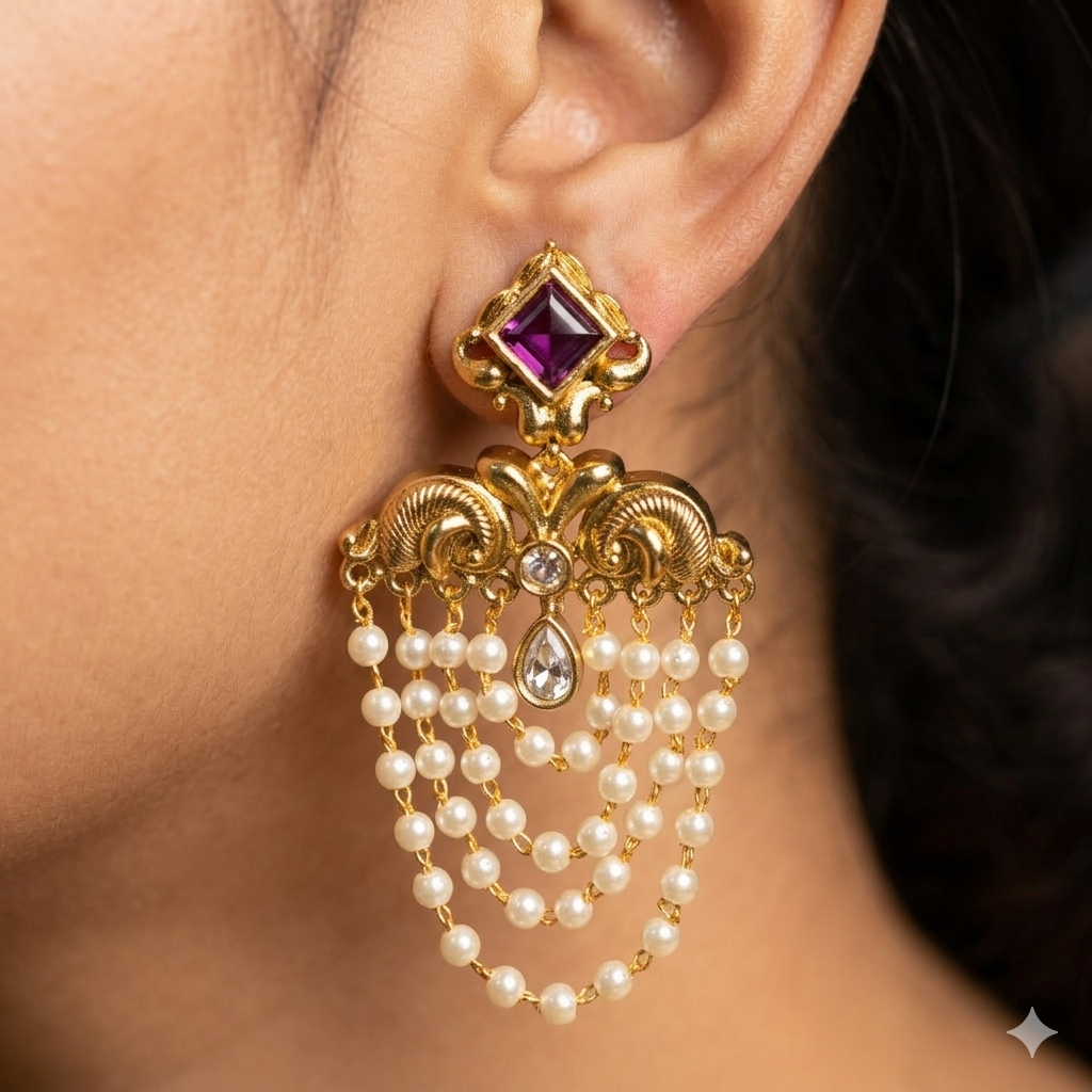Premium pink ,Lavender,white kemp stone with pearl layering dangle earring - occasion wear