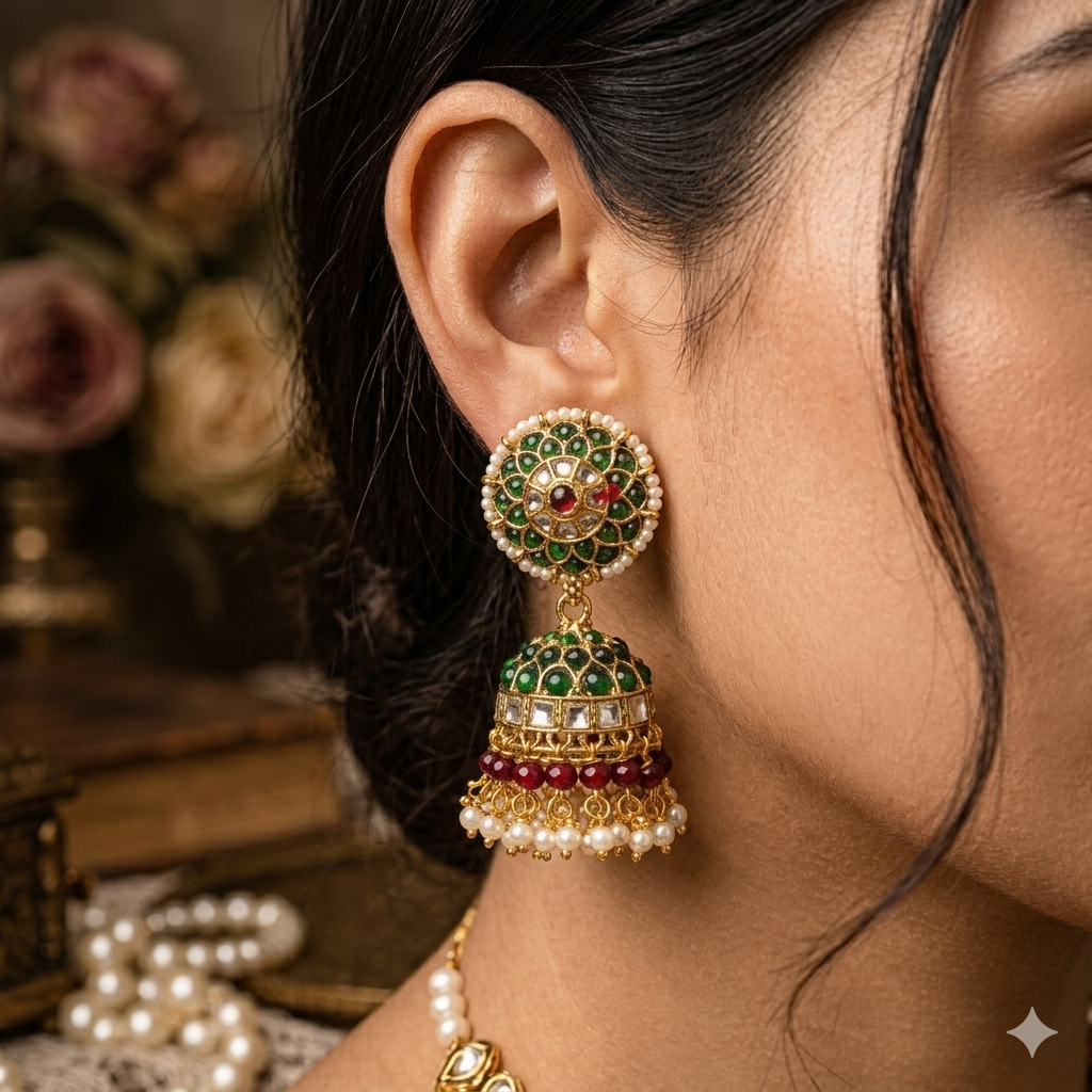 Premium Green kemp stone with pearl stone Jhumkas - occasion wear