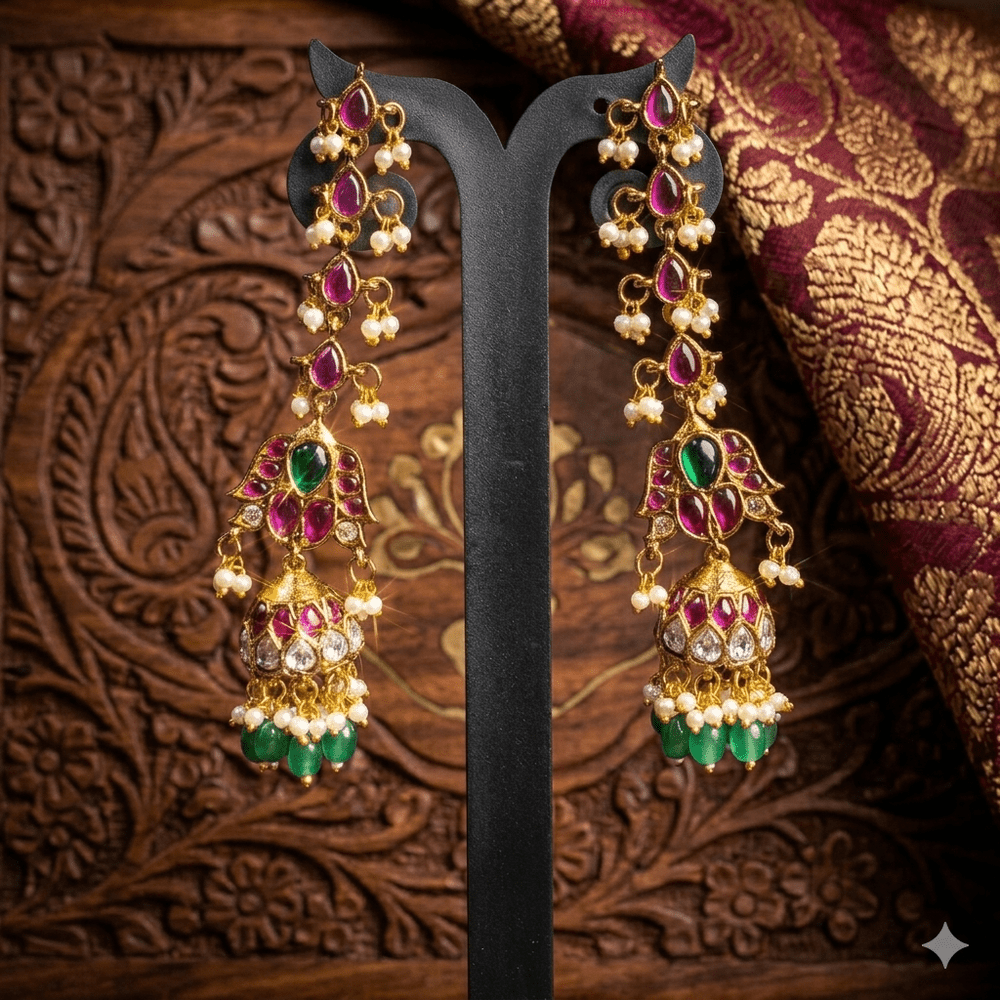 Zamindarani pink and green Kemp stone Jhumkas with matal