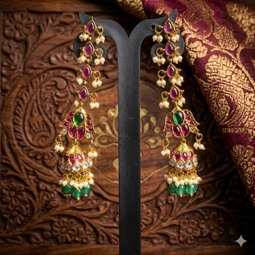 Zamindarani pink and green Kemp stone Jhumkas with matal