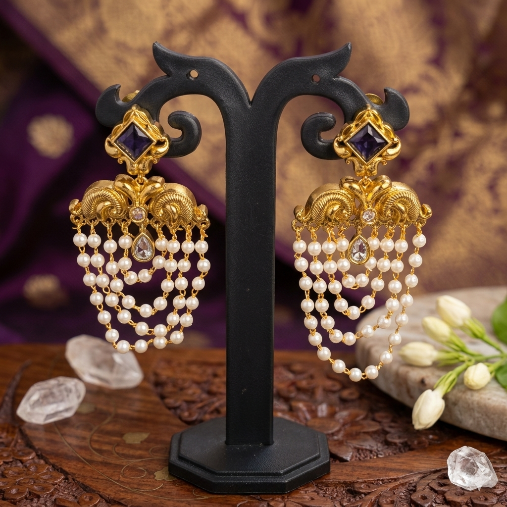 Premium pink ,Lavender,white kemp stone with pearl layering dangle earring - occasion wear