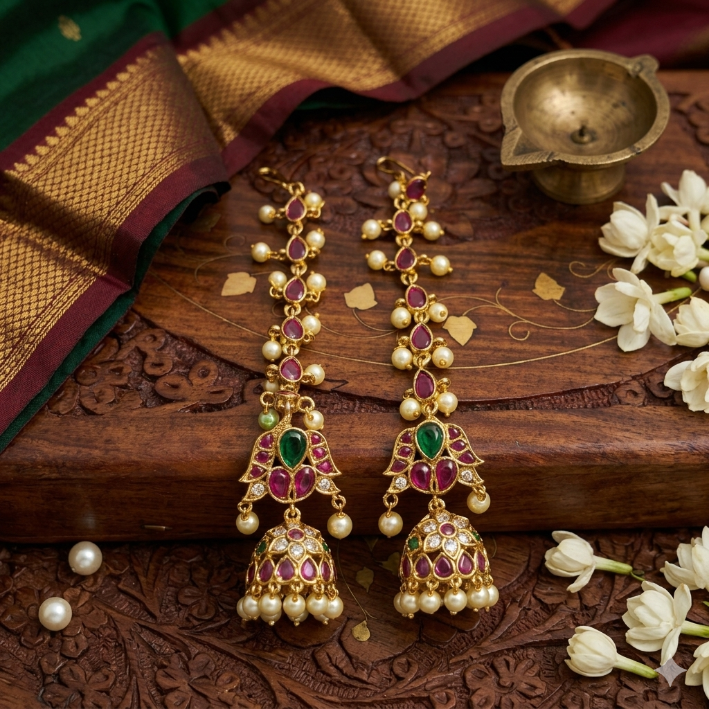 Premium pink, green and white kemp stone Jhumka and Matal - occasion wear