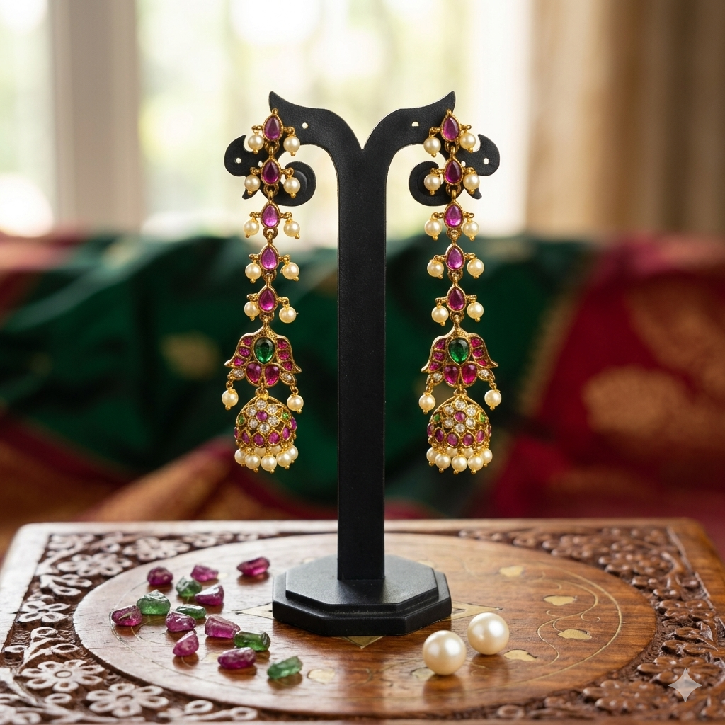 Premium pink, green and white kemp stone Jhumka and Matal - occasion wear