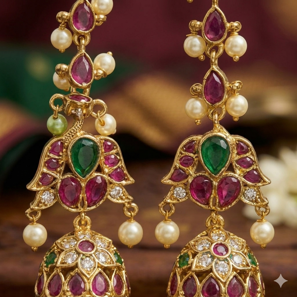 Premium pink, green and white kemp stone Jhumka and Matal - occasion wear
