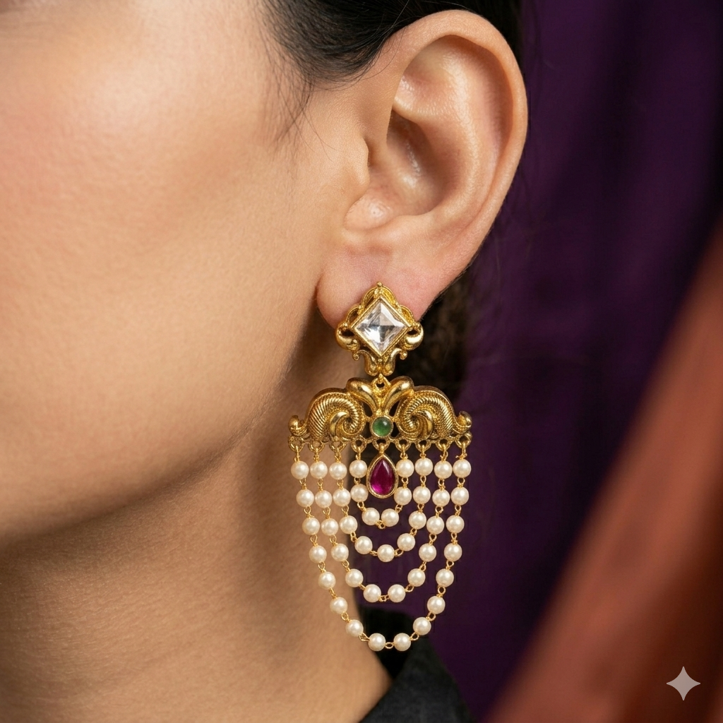 Premium pink ,Lavender,white kemp stone with pearl layering dangle earring - occasion wear