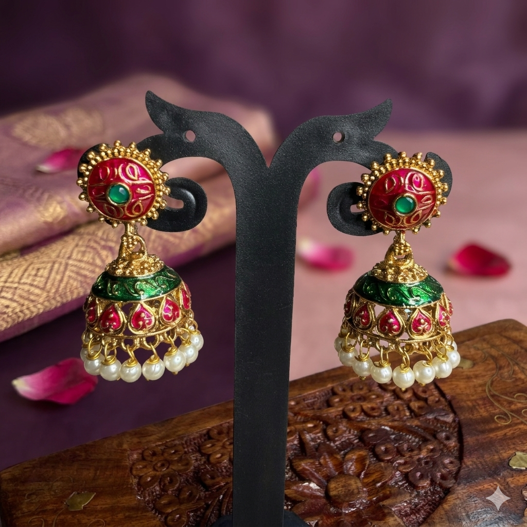 Premium Enamel pink with Green Jhumkas - work to event