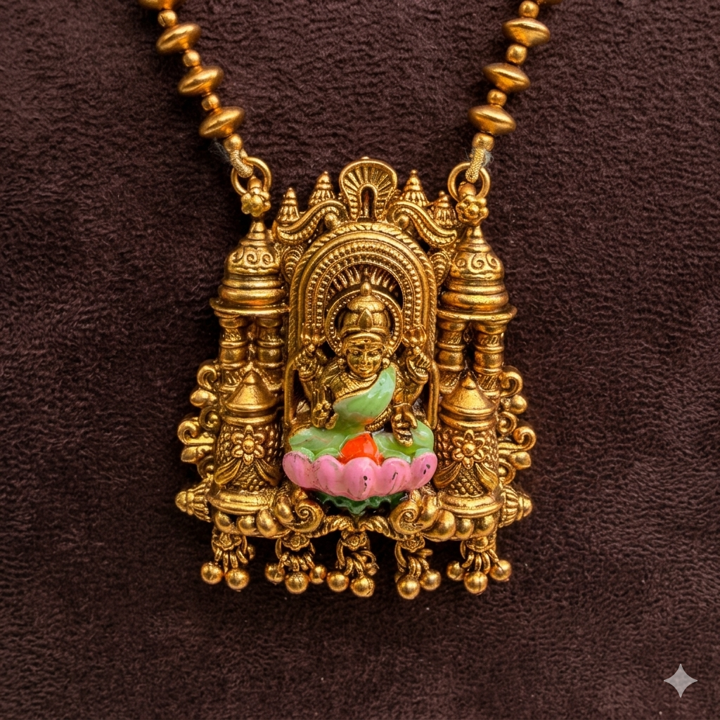 Premium chettinad Enamel Lakshmi Pendant mid-length chain- work to event