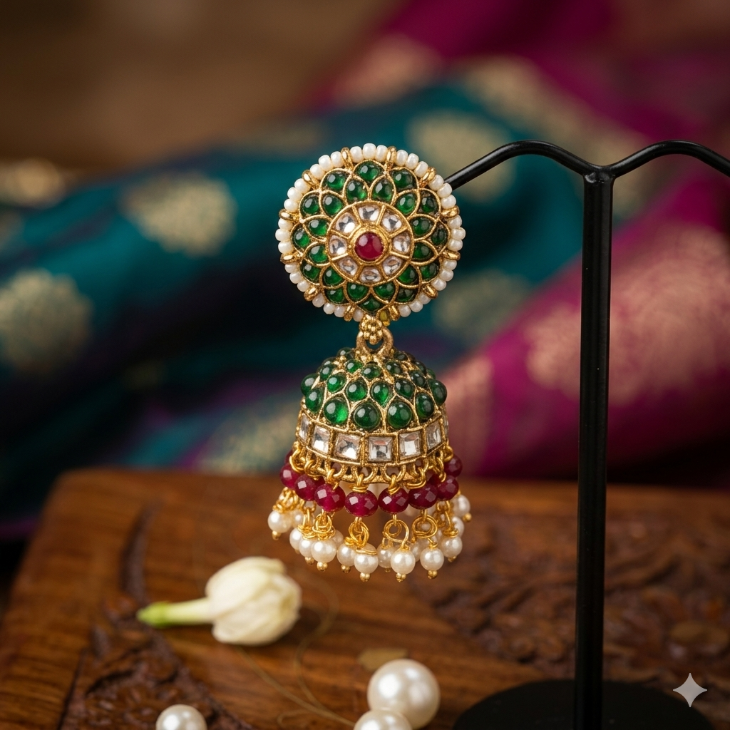 Premium Green kemp stone with pearl stone Jhumkas - occasion wear