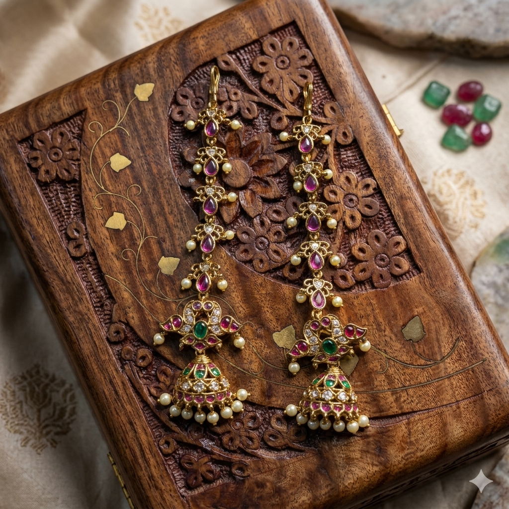 Premium pink with green kemp stone and pearls Annan Jhumkas with mattal - occasion wear