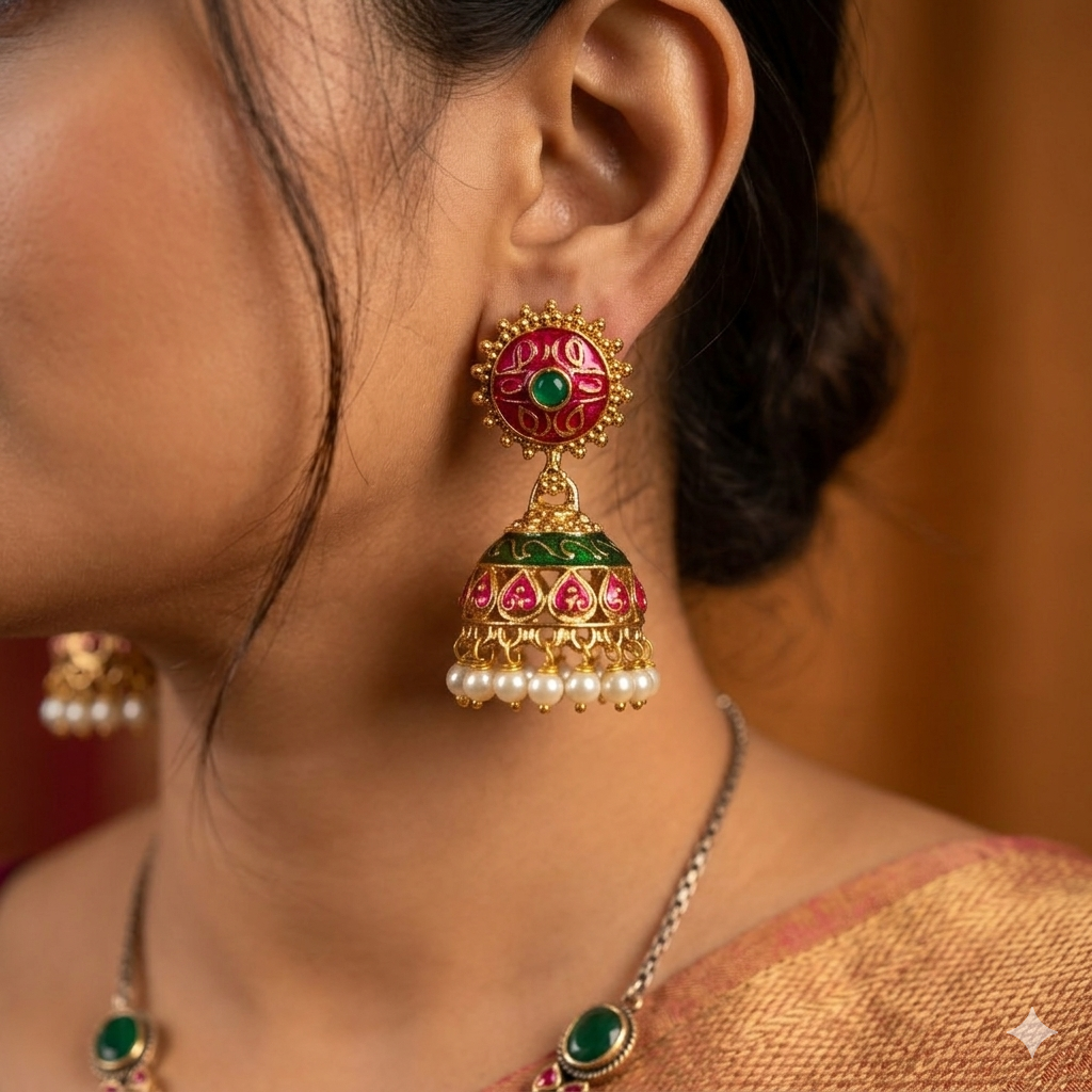 Premium Enamel pink with Green Jhumkas - work to event