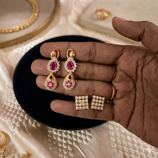 Premium Impon Pearl, Ruby & CZ White Stone Earrings Combo - work to event