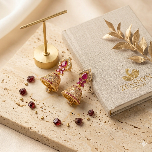 Premium Impon AD White & Ruby Stone Jhumkas