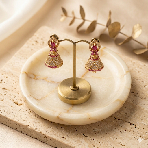 Premium Impon AD White & Ruby Stone Jhumkas