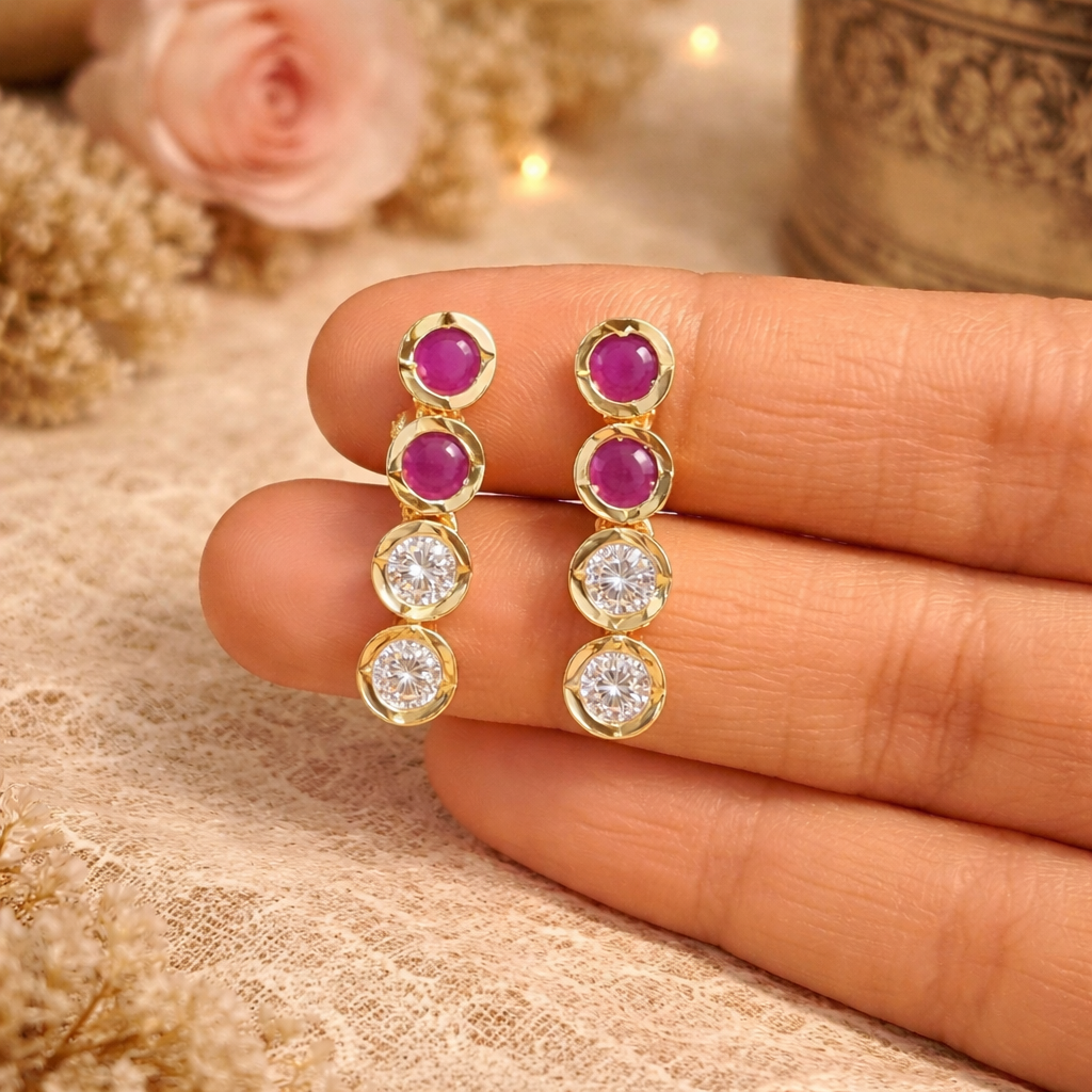 Premium Impon CZ White & Ruby AD Stone Earrings Combo - work to event