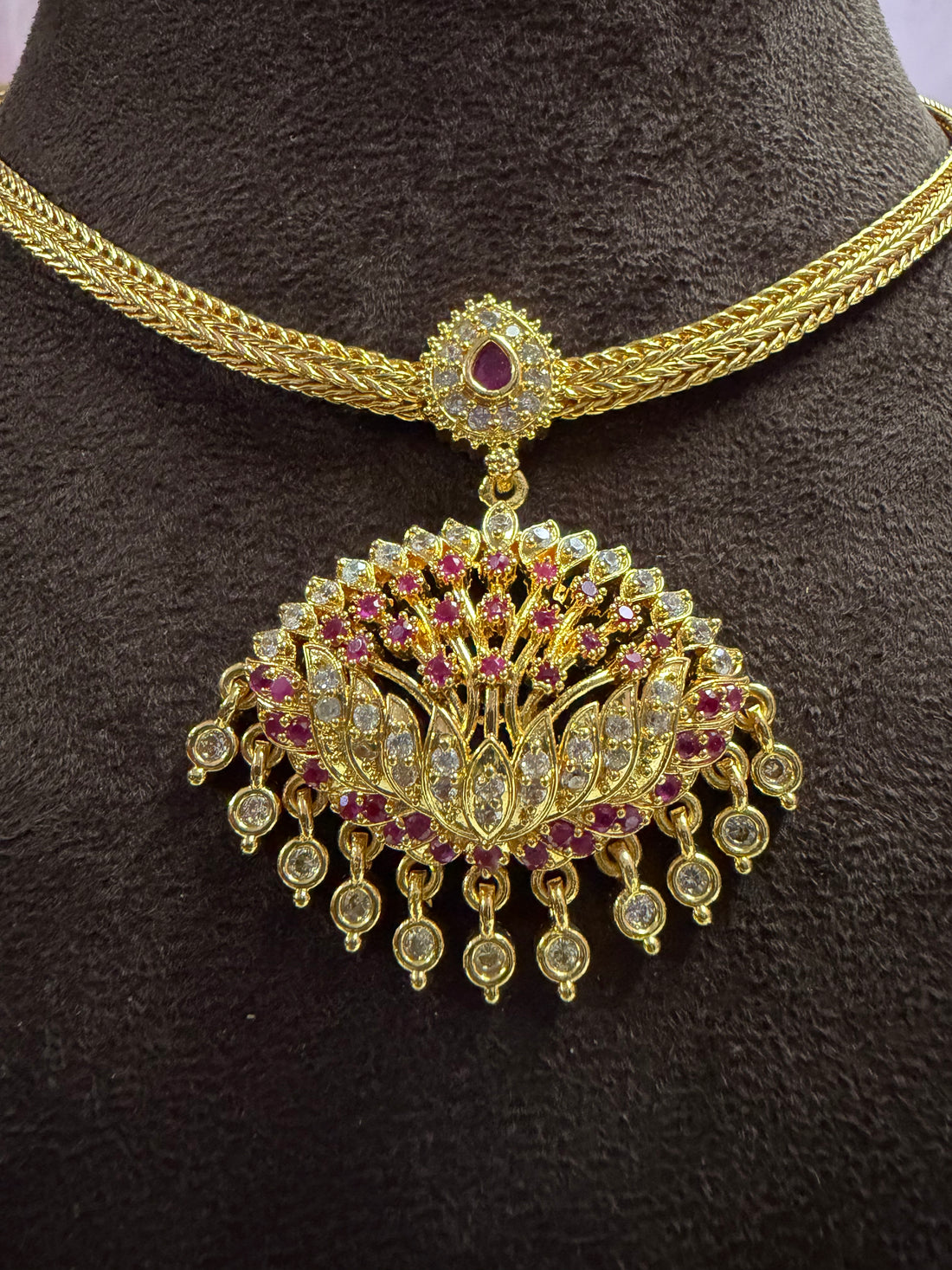Premium impon CZ Ruby and white stone lotus attigai - occasion