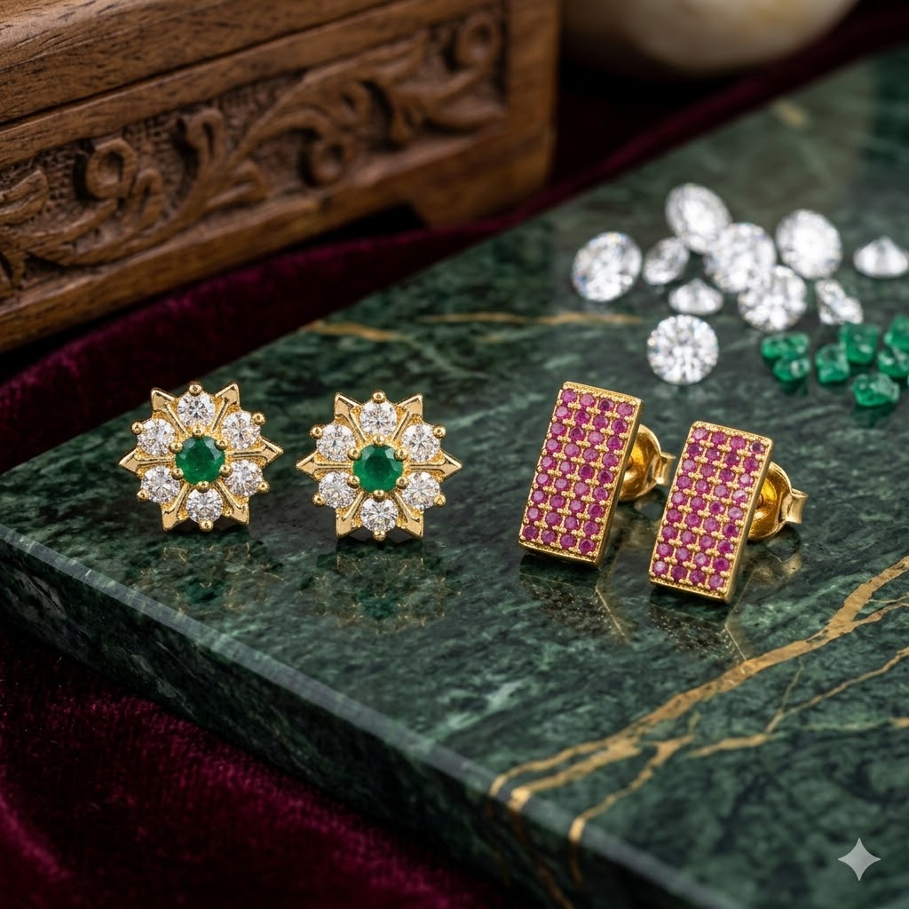 Premium Impon CZ White, Green & Ruby Stone Earrings Combo - work to event