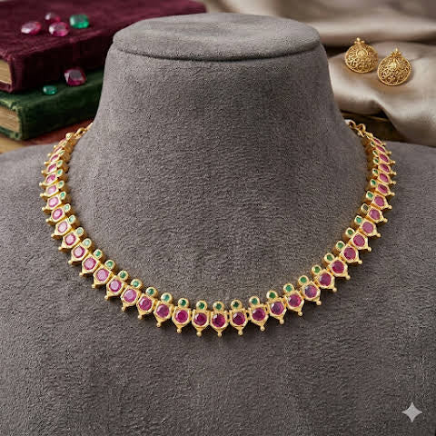 Premium impon CZ Ruby with green emerald stone necklace - work to event