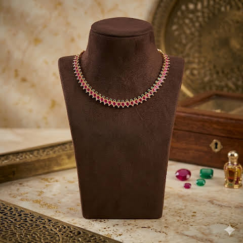 Premium impon CZ Ruby with green emerald stone necklace - work to event