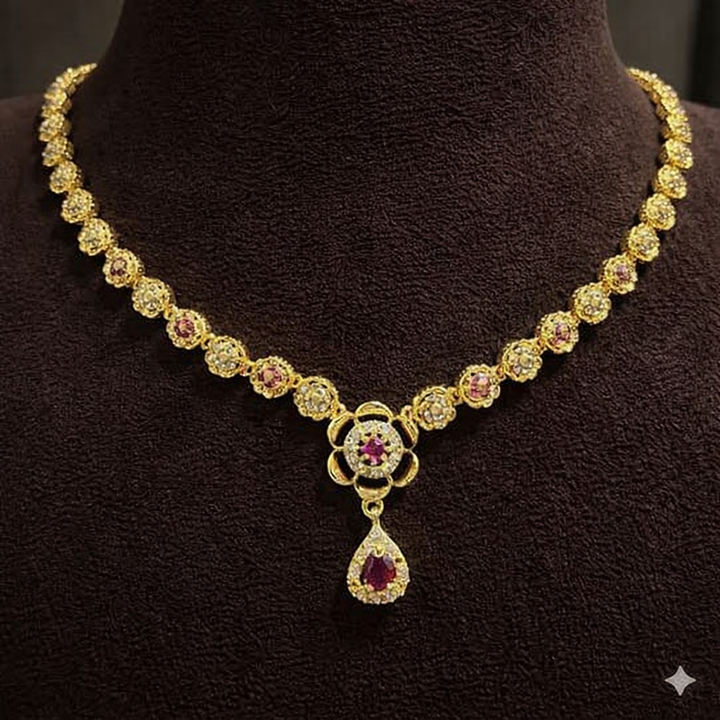 Premium Impon AD white and Ruby stone minimal necklace- work to event