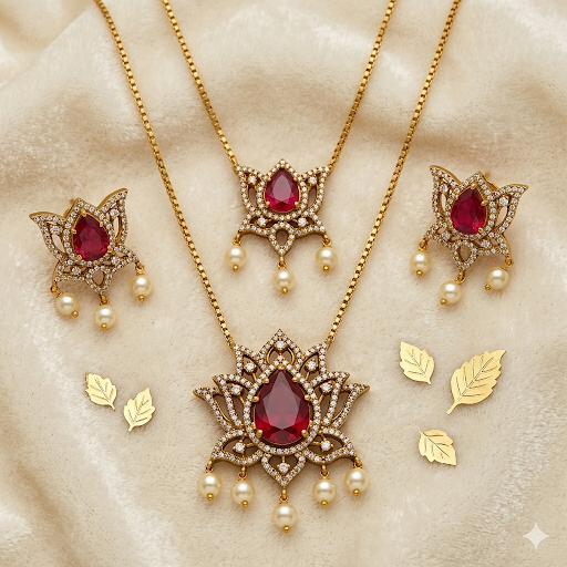 Premium Red Ad stone lotus pendant double layer neck set - occasion wear