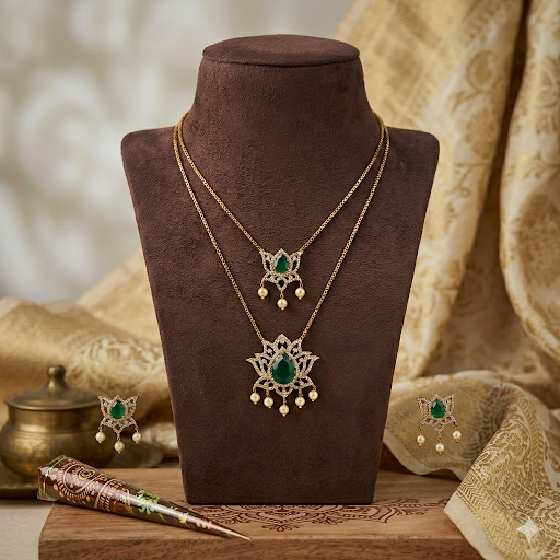 Premium Blue Ad stone lotus pendant double layer neck set