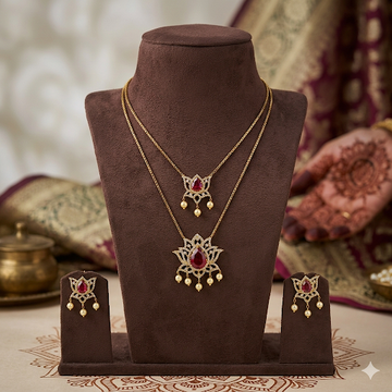 Premium Red Ad stone lotus pendant double layer neck set - occasion wear