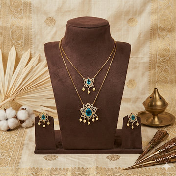 Premium Blue Ad stone lotus pendant double layer neck set
