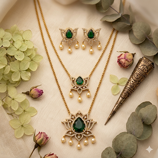 Premium Green Ad stone lotus pendant double layer chain - occasion wear