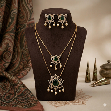 Premium Green Ad stone lotus pendant double layer chain - occasion wear