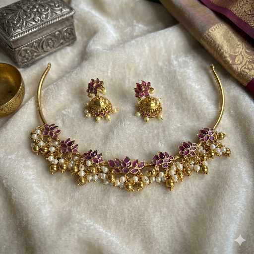 Premium Pink AD stone with pearl lotus HASLI Necklace - occasion wear