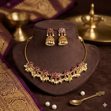 Premium Pink AD stone with pearl lotus HASLI Necklace - occasion wear