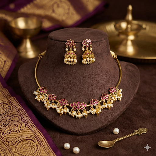 Premium Pink AD stone with pearl lotus HASLI Necklace - occasion wear