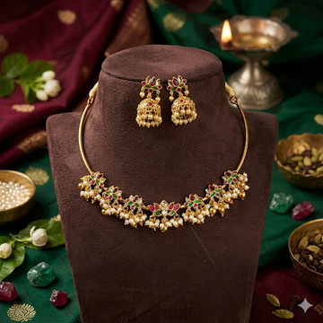 Premium multicolour AD stone with pearl lotus HASLI Necklace - occasion wear
