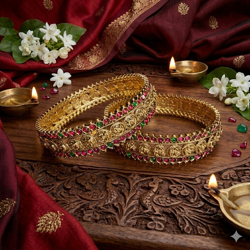 Premium antique kasu with kemp stone Bangle ( a set of 2) - work to event