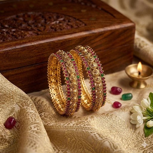 Premium antique kasu with kemp stone Bangle ( a set of 2) - work to event