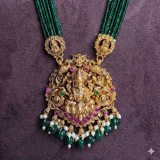 Premium green crytal pearl layering with Temple kemp pendant haram - occasion wear