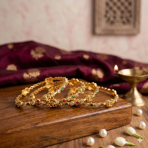 Premium Temple with Kemp stone Bangles (a set of 4)- work to event