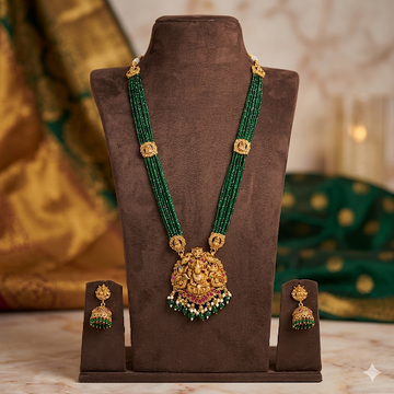 Premium green crytal pearl layering with Temple kemp pendant haram - occasion wear