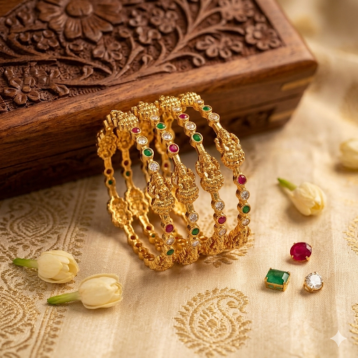 Premium Temple with Kemp stone Bangles (a set of 4)- work to event