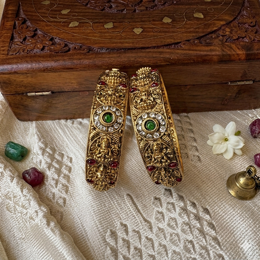 Premium Temple with kemp stone kada Bangles( a set of 2)